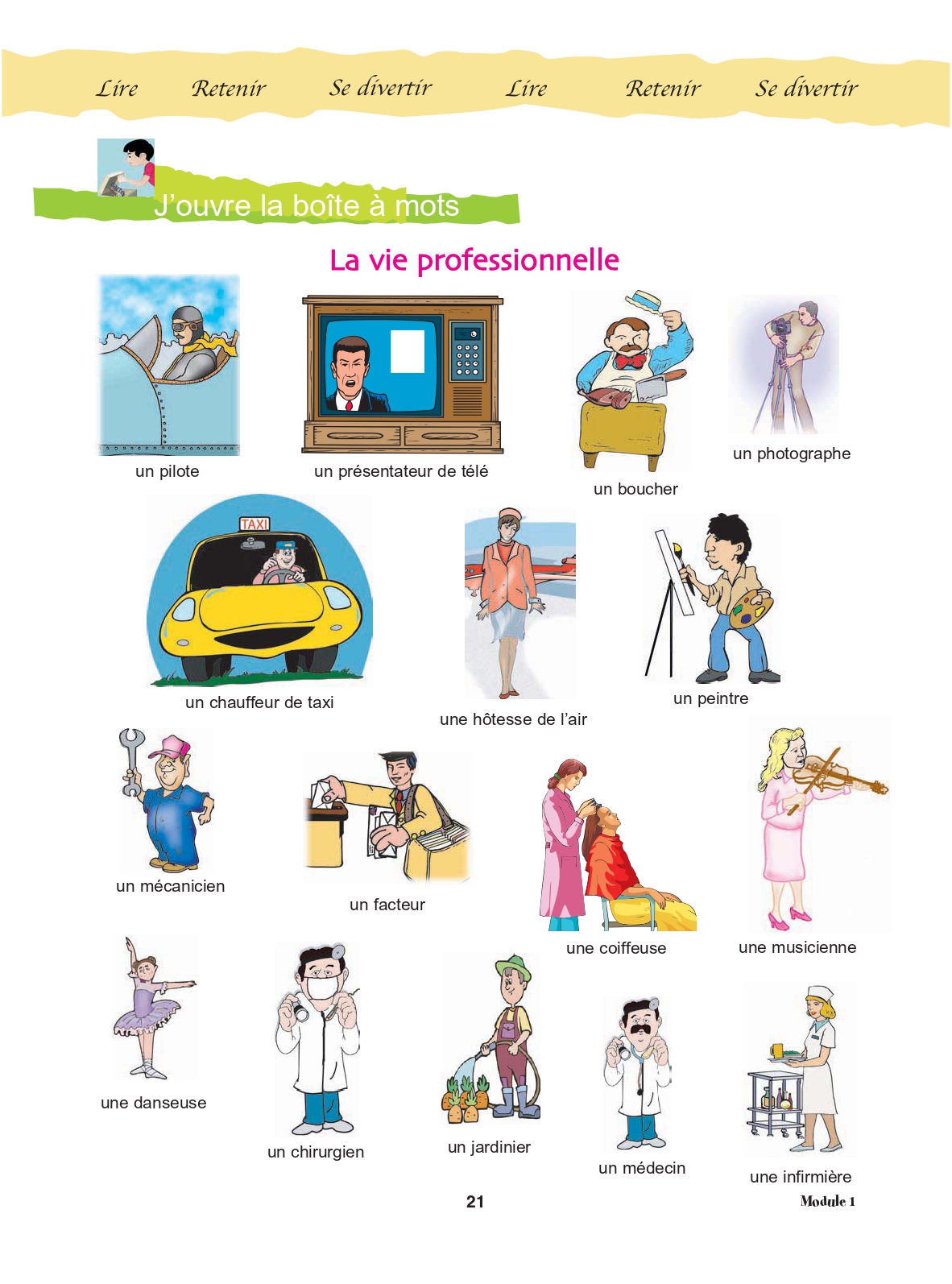 Cahier, page 21 : « J'ouvre la boîte à mots — La vie professionnelle »